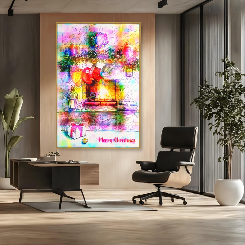 Tablou canvas cu tablou canvas cu peisaj festiv de craciun, in rama de aluminiu auriu, pe perete intr-un birou
